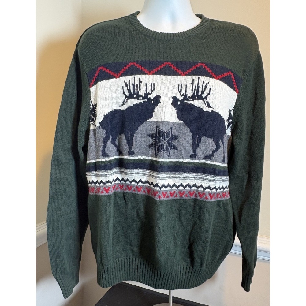 Mens XL Sweater Dockers Holiday Moose Huntet Green‎ Long Sleeve Crewneck
